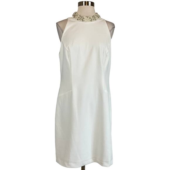 Adrianna Papell White Beaded Halter Sheath Cocktail Dress Size 12 Sleeveless - Picture 1 of 12